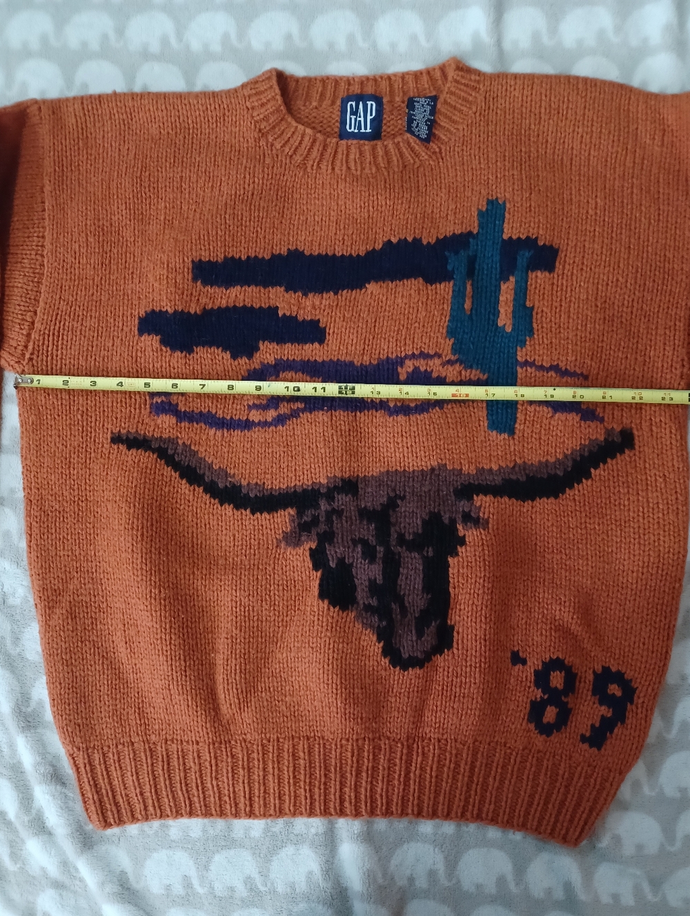 GAP 1989 Handknit Vintage Orange Sweater Southwest Cactus Cow Skull Bull L Wool - Picture 2 of 10